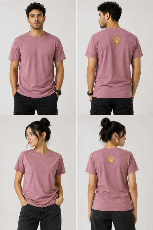 TAP Lightweight Dusty Rose T-Shirt – Front and Back Views TAP dusty rose lightweight t-shirt front and back on male and female models