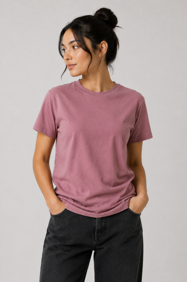 Woman wearing TAP dusty rose lightweight t-shirt regular fit front view