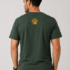 The upper back of the lightweight forest green t-shirt featuring the signature five-claw gold paw logo.
