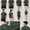 Multiple angles of models wearing our comfortable lightweight forest green t-shirt showing the fit and gold paw back print.