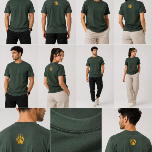 TAP Lightweight Forest Green T-Shirt – Full Product Collage Multiple angles of models wearing our comfortable lightweight forest green t-shirt showing the fit and gold paw back print.