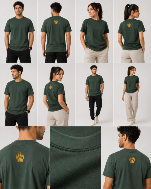 TAP Lightweight Forest Green T-Shirt – Full Product Collage Multiple angles of models wearing our comfortable lightweight forest green t-shirt showing the fit and gold paw back print.