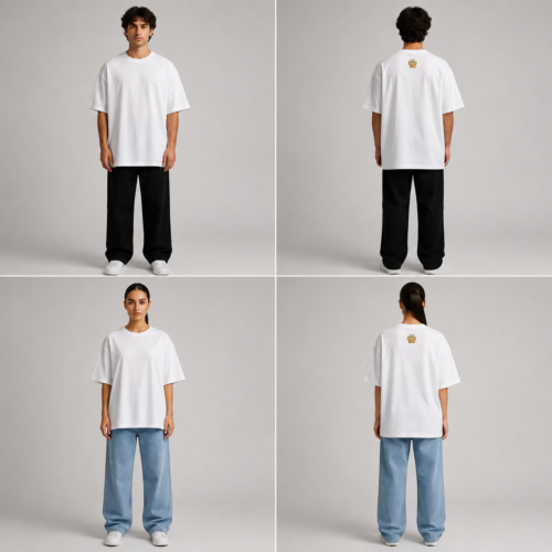 Back of TAP white oversized tee with gold paw logo on the upper back, female model TAP Oversized Tee – White | Paw Logo Oversized Fit T-Shirt