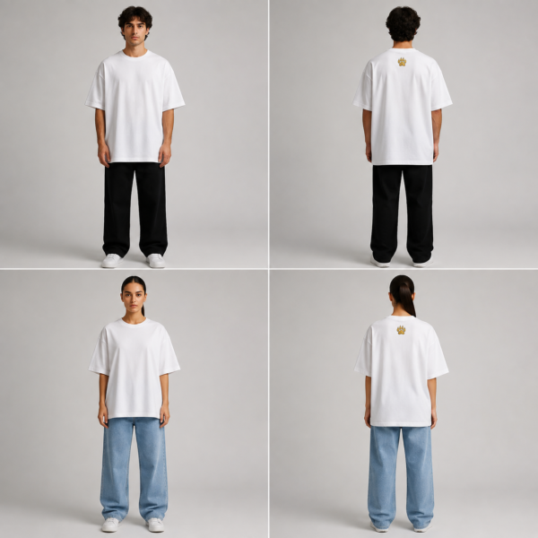Back of TAP white oversized tee with gold paw logo on the upper back, female model TAP Oversized Tee – White | Paw Logo Oversized Fit T-Shirt