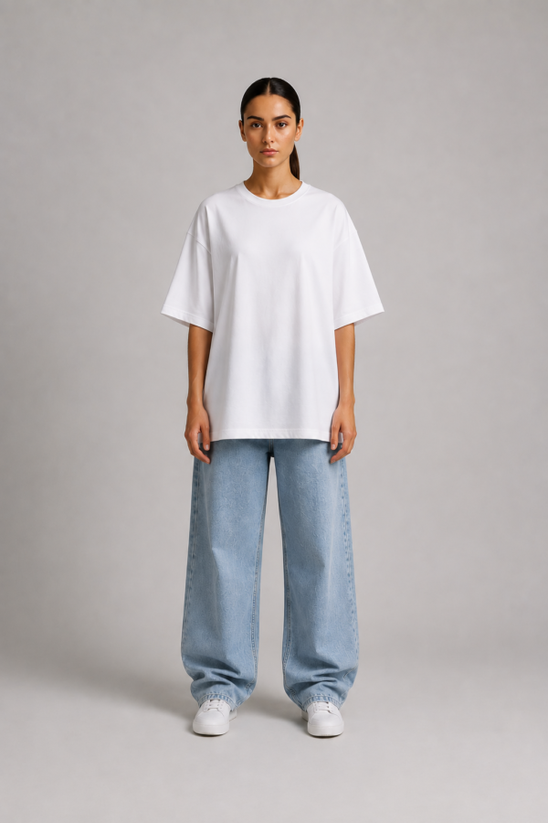 TAP White Oversized T-Shirt – Women's Front Woman wearing TAP white oversized t-shirt in unisex oversized fit, front view