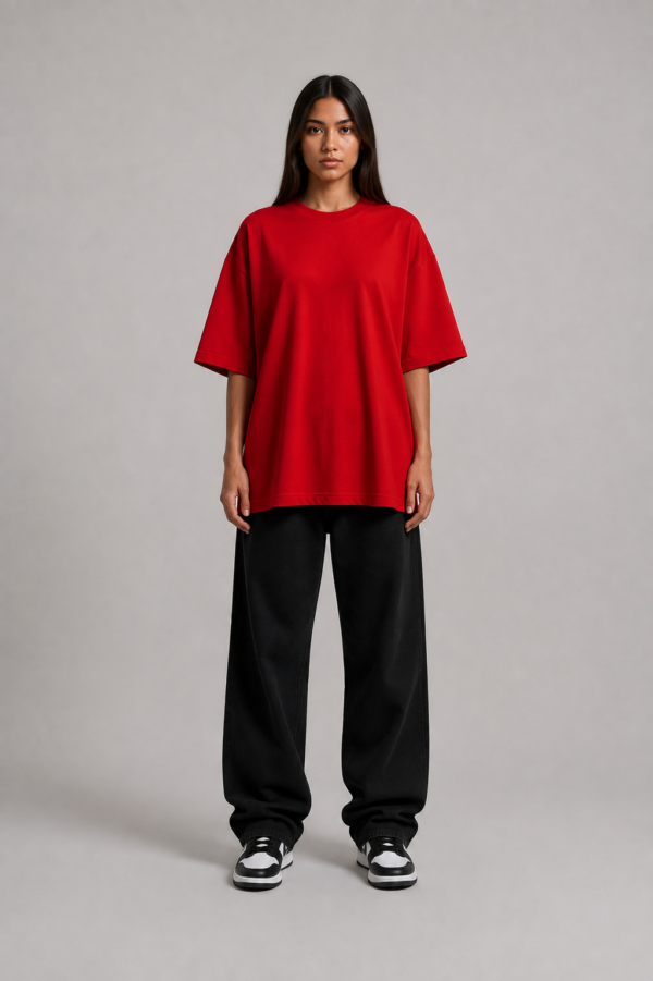 TAP Red Oversized T-Shirt – Women's Front Woman wearing TAP red oversized t-shirt in unisex oversized fit, front view