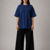 TAP Navy Oversized T-Shirt – Women's Front Woman wearing TAP navy oversized t-shirt in unisex oversized fit, front view
