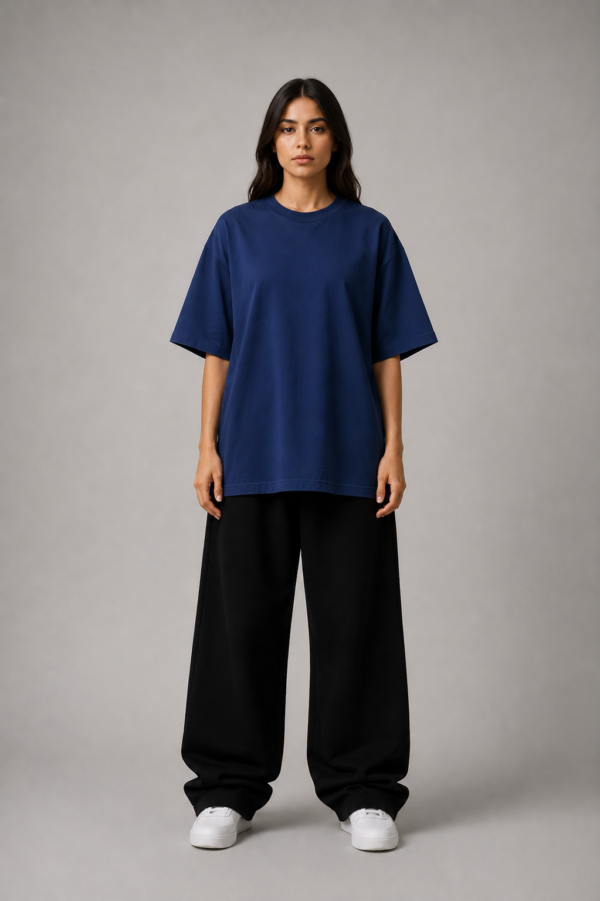 TAP Navy Oversized T-Shirt – Women's Front Woman wearing TAP navy oversized t-shirt in unisex oversized fit, front view
