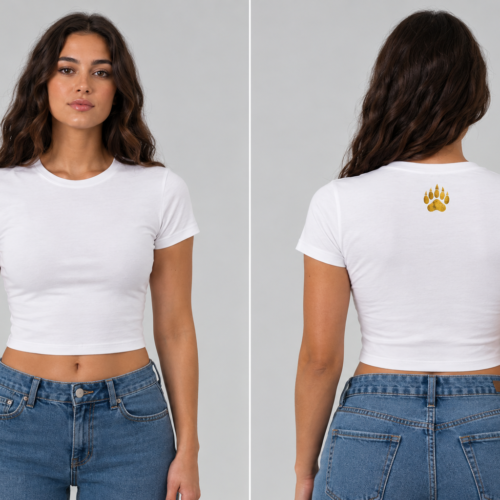 White fitted crop tee with gold bear paw graphic on back - Take a Paw White fitted crop tee with gold bear paw graphic on back - Take a Paw