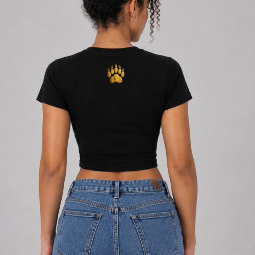 Back view of black crop tee with gold foil bear paw graphic - Take a Paw Back view of black crop tee with gold foil bear paw graphic - Take a Paw