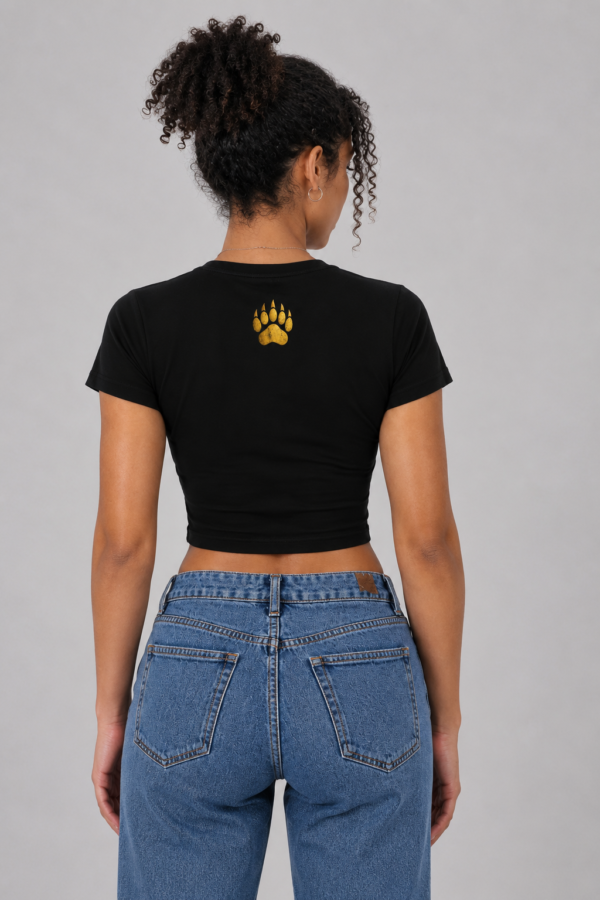 Back view of black crop tee with gold foil bear paw graphic - Take a Paw Back view of black crop tee with gold foil bear paw graphic - Take a Paw