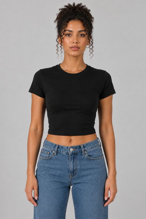 Model wearing fitted black crop tee, front view - Take a Paw Model wearing fitted black crop tee, front view - Take a Paw