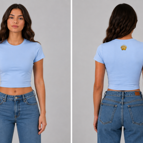 Front and back view of light blue crop tee with gold bear paw graphic - Take a Paw Front and back view of light blue crop tee with gold bear paw graphic - Take a Paw