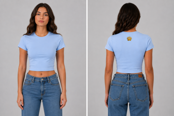 Front and back view of light blue crop tee with gold bear paw graphic - Take a Paw Front and back view of light blue crop tee with gold bear paw graphic - Take a Paw
