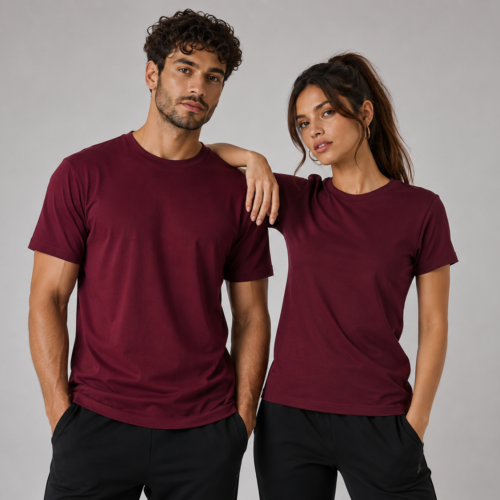 Man and woman wearing burgundy interlock t-shirts with gold bear paw print - Take a Paw Man and woman wearing burgundy interlock t-shirts with gold bear paw print - Take a Paw